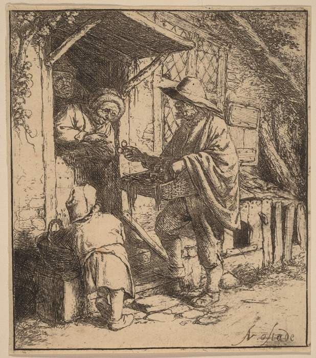 Street Vendor Selling Spectacles at the Door — Adriaen van Ostade