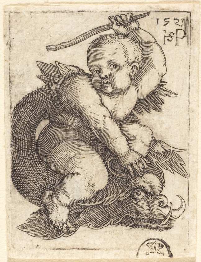 Genius on a Dolphin, Riding to the Right — Sebald Beham