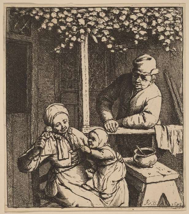 Peasant Family on a Porch with a Girl Reaching for a Doll — Adriaen van Ostade