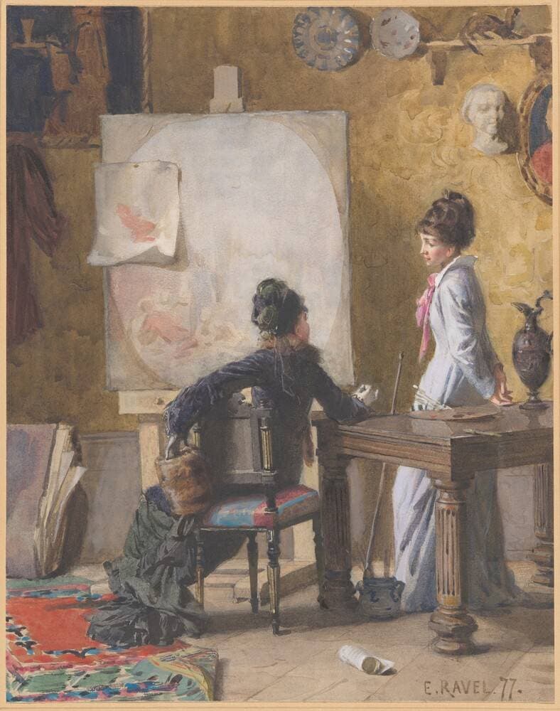 Adéle de Saussure and Marie-Louise Ravel, the Artist's Wife, in His Studio — Edouard Ravel