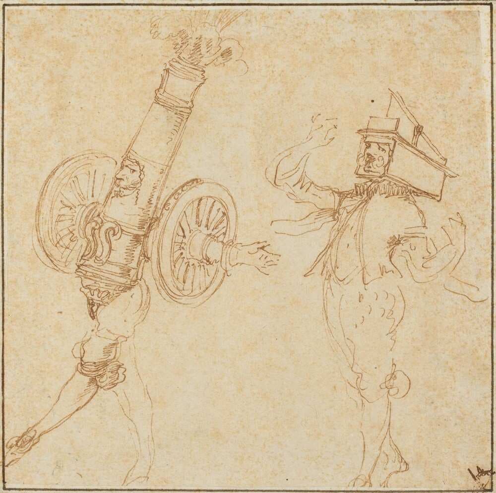Two Men in Masquerade Costumes: A Cannon Firing and a Cat Inside a Mousetrap — Stefano Della Bella