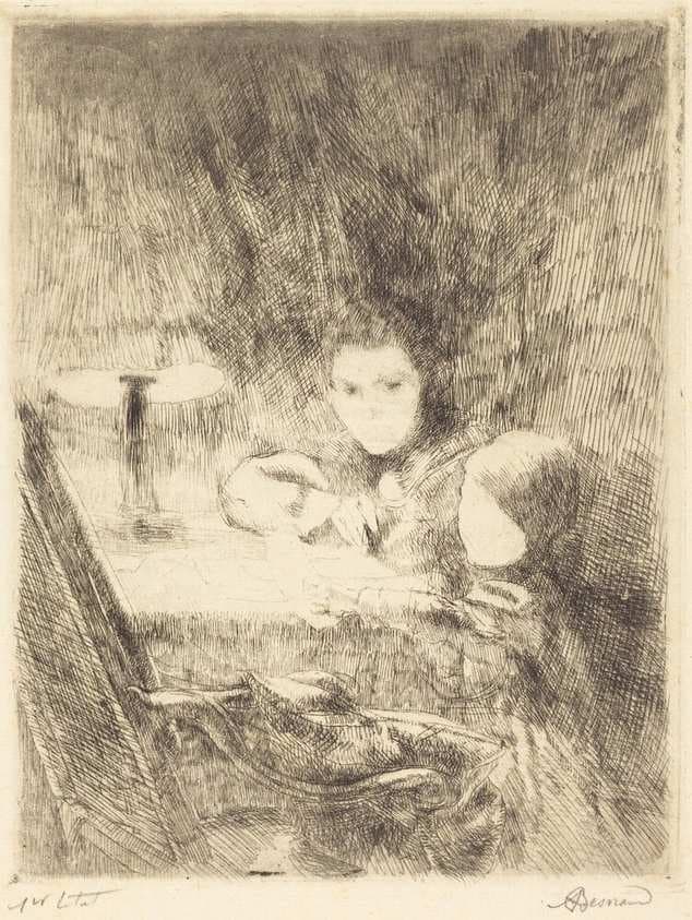 By the Lamp (Sous la Lampe) — Albert Besnard