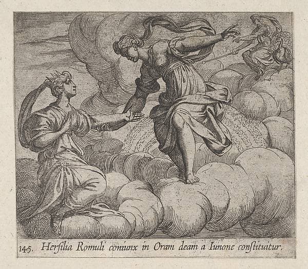 Plate 145: Hersilia Taken to the Heavens (Hersilia Romuli coniunx in Oram deam a Iunone constituitur), from Ovid's 'Metamorphoses' — Antonio Tempesta