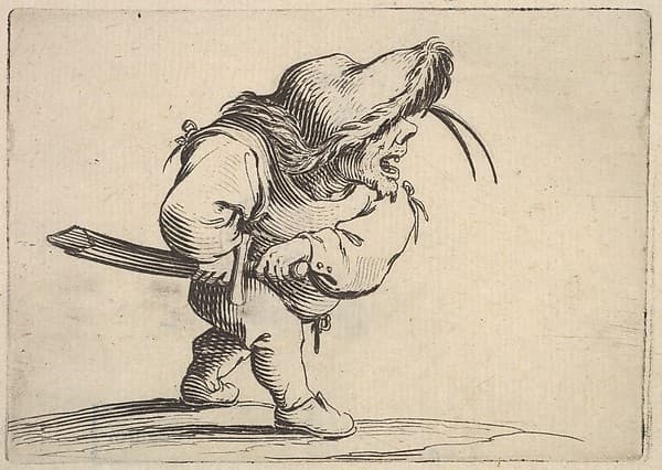 Small male figure stopping to draw his sword, in profile view with open mouth and left foot positioned forward, from the series 'Varie figure gobbi' — Jacques Callot