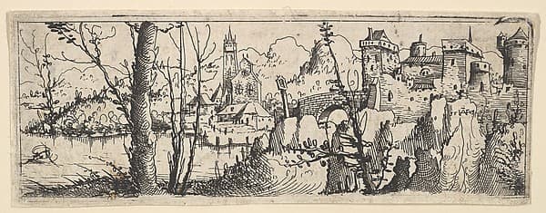 Landscape with Fort and a Church on a River — Augustin Hirschvogel