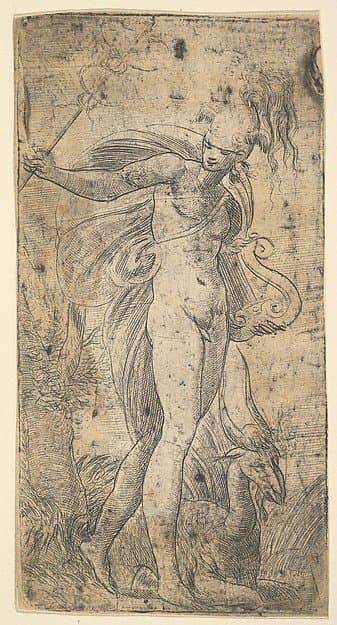 Mercury standing holding a cadecus in his right hand, a lyre in his left — Andrea Schiavone