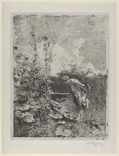 The botanist: a man in a garden examining its contents — Marià Fortuny