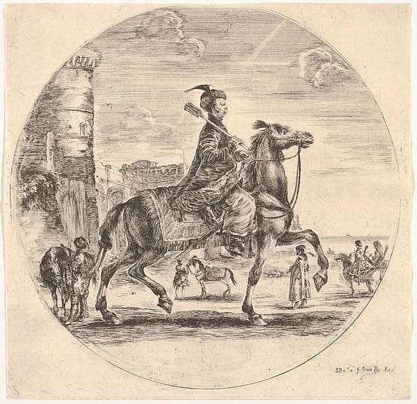 Polish horseman in profile facing right, a tower and other figures on horses in background, a circular composition, from 'Figures on Horseback' (Cavaliers nègres, polonais et hongrois) — Stefano Della Bella