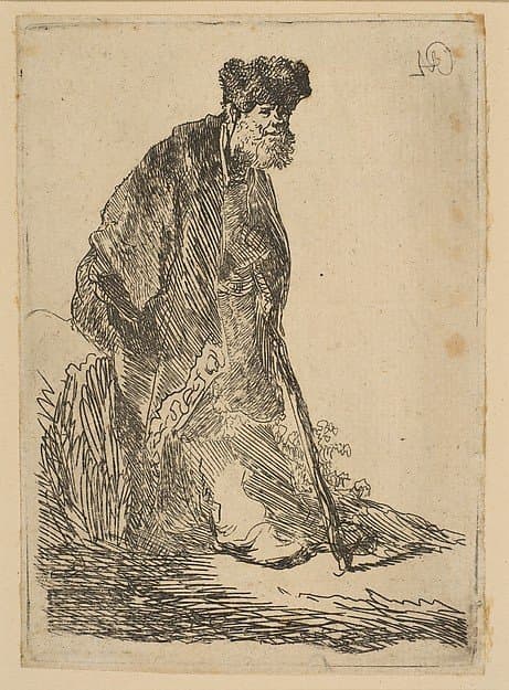 Man in a Cloak and Fur Cap, Leaning against a Bank — Rembrandt van Rijn