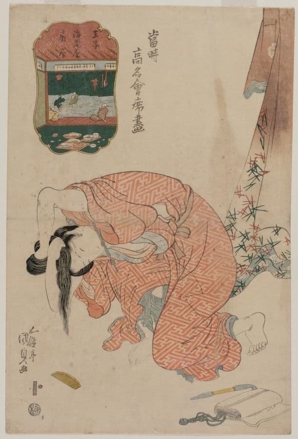 Woman Tying Her Hair (from the series Famous Restaurants of the Present Day) — Kunisada