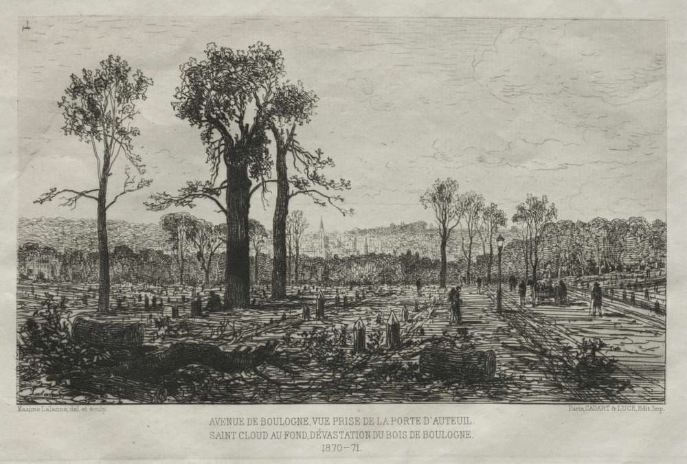 Souvenirs artistiques du Siége du Paris: Avenue de Boulogne, Vue Prise de la porte d'Auteuil, St. Cloud au fond, Dévastation du Bois de Boulogne — Maxime Lalanne