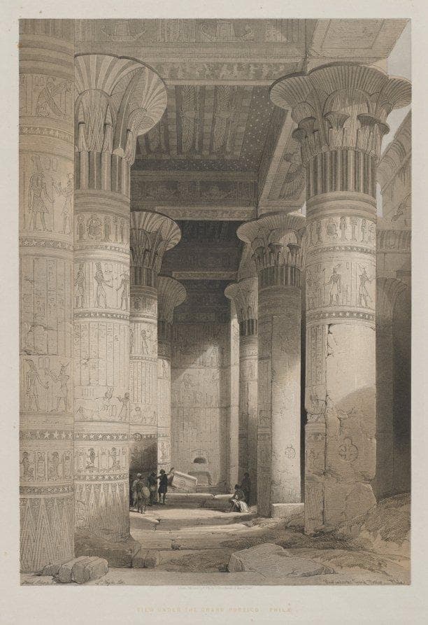 Egypt and Nubia, Volume I: View Under the Grand Portico of the Temple, Philae — Louis Haghe
