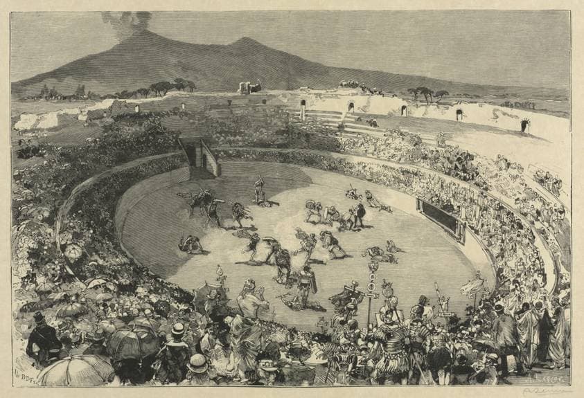 Italy. The Festival of Pompeii, The circus of gladiators — Auguste Lepère