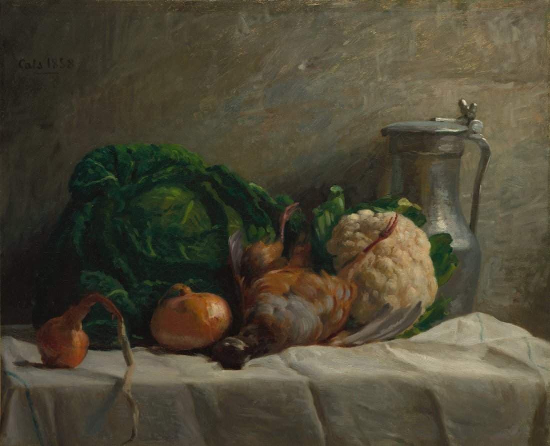 Still Life with Vegetables, Partridge, and a Jug — Adolphe-Félix Cals