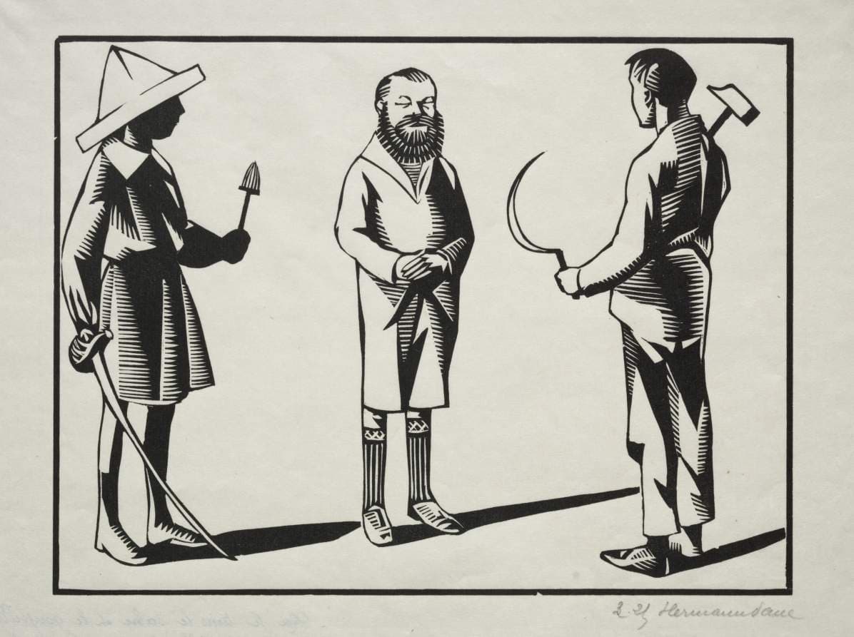 Moi! je tiens le sabre, et le goupillon; toi la faucille, le marteau et ler pastel. C'est la barbe. — Hermann-Paul