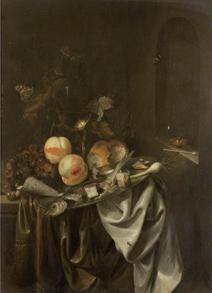 Still Life with Fish, Bread and Fruit — Jan Mortel