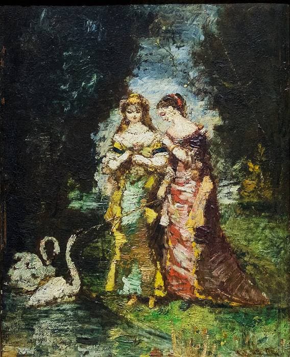 FEMMES DANS UN PARC AVEC CYGNES — Adolphe Monticelli