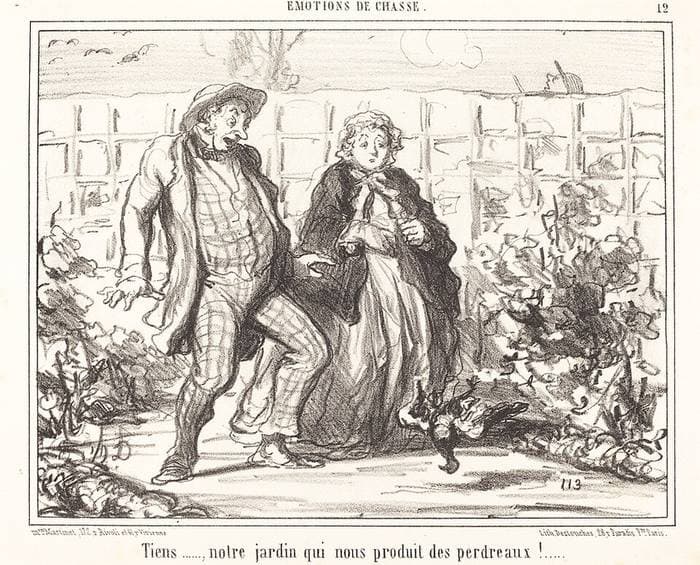 Tiens... notre jardin... produit des perdreaux!... — Honoré Daumier