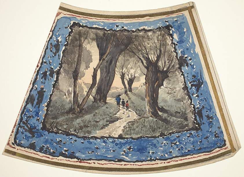 Travelers on a Wooded Path with a Border of Whimsical Figures and Monkeys — Henri-Joseph Harpignies