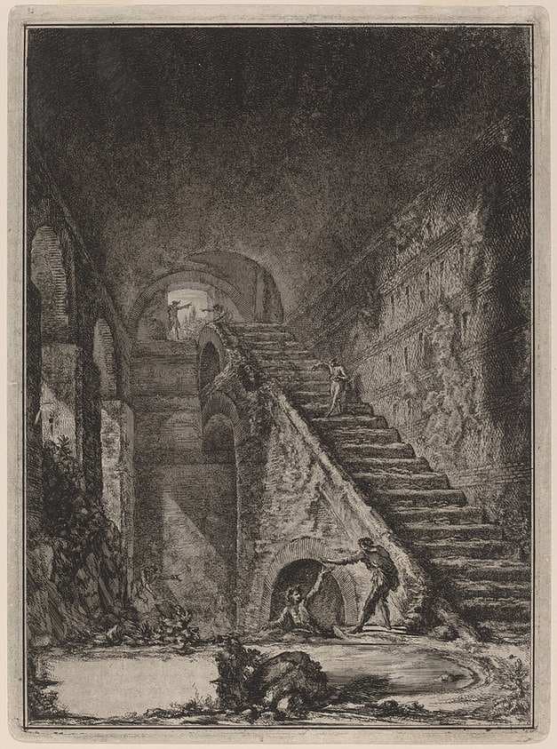Prospettiva della Scala della conserva d'acqua de' già detti alloggiamenti, accennati in pianta nella Tav. XIII con la lett. G. — Giovanni Battista Piranesi