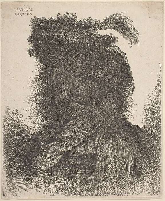 Bearded Man with Shadowed Face, Wearing a Scarf and a Plumed Hat — Giovanni Benedetto Castiglione