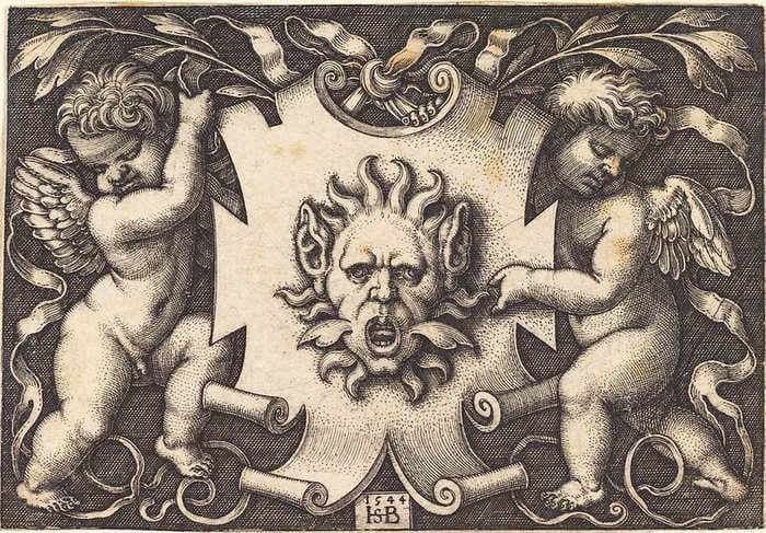 Mask Held by Two Genii — Sebald Beham