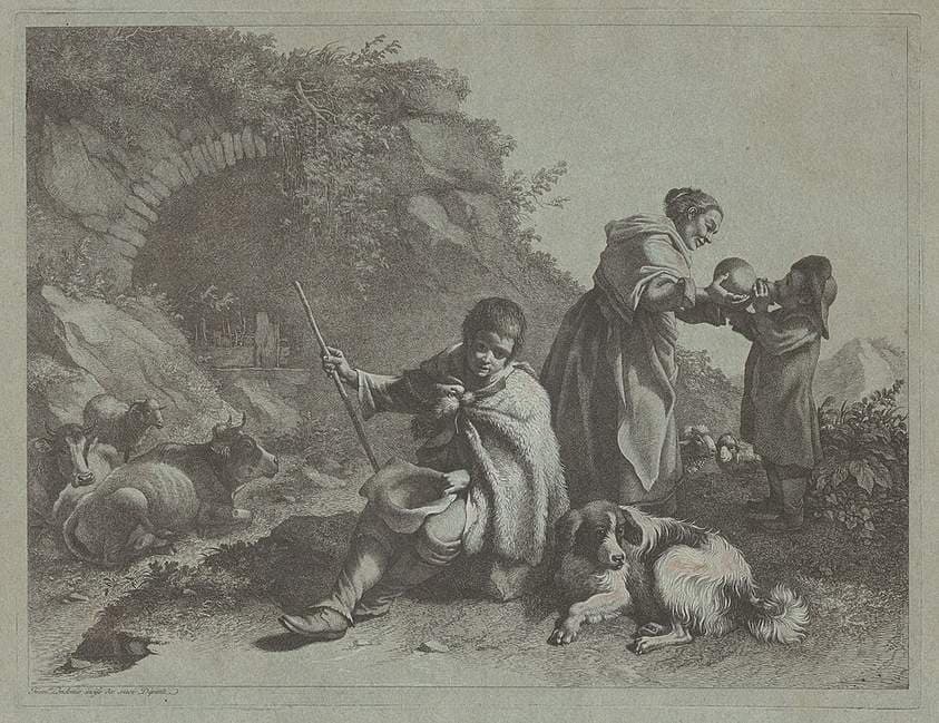 Seated Shepherd Boy and Woman Giving a Drink to a Child — Francesco Londonio