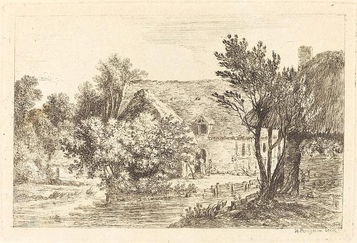 A House and a Shaded Cottage on the Banks of a River — Nicolas Pérignon