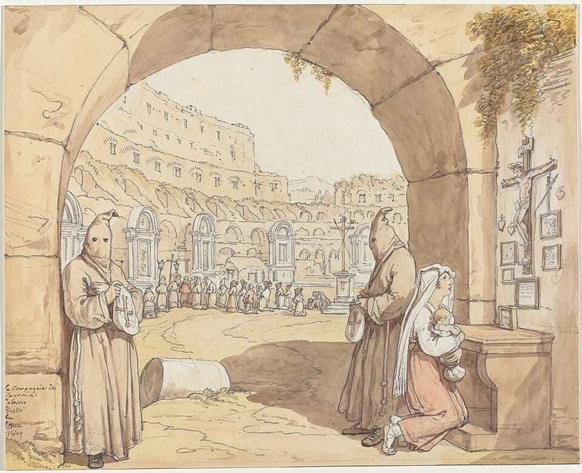 La Compagnia dei sacconi al Colosseo (Penitents Praying at Altars in the Colosseum) — Bartolomeo Pinelli