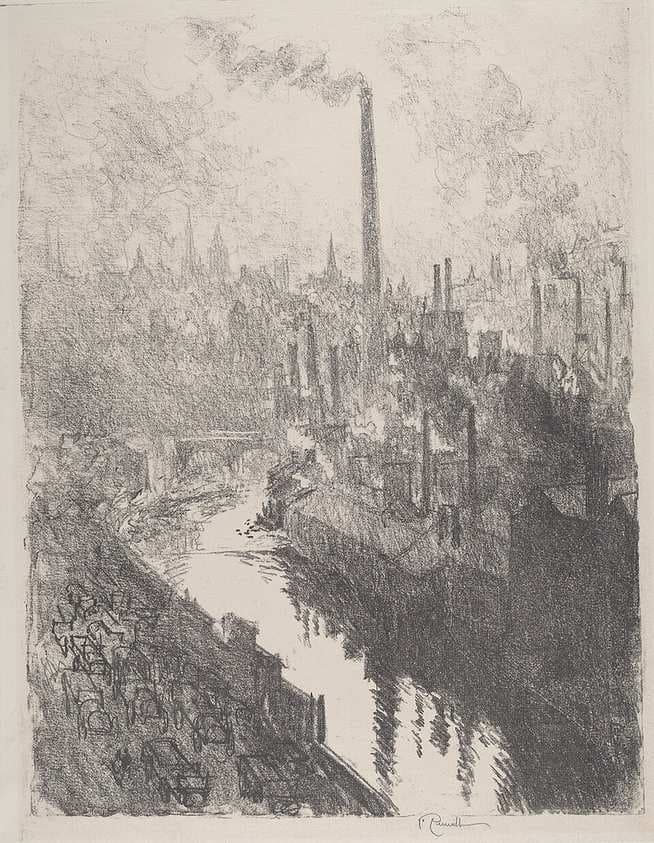 The Great Chimney, the Motor Park — Joseph Pennell
