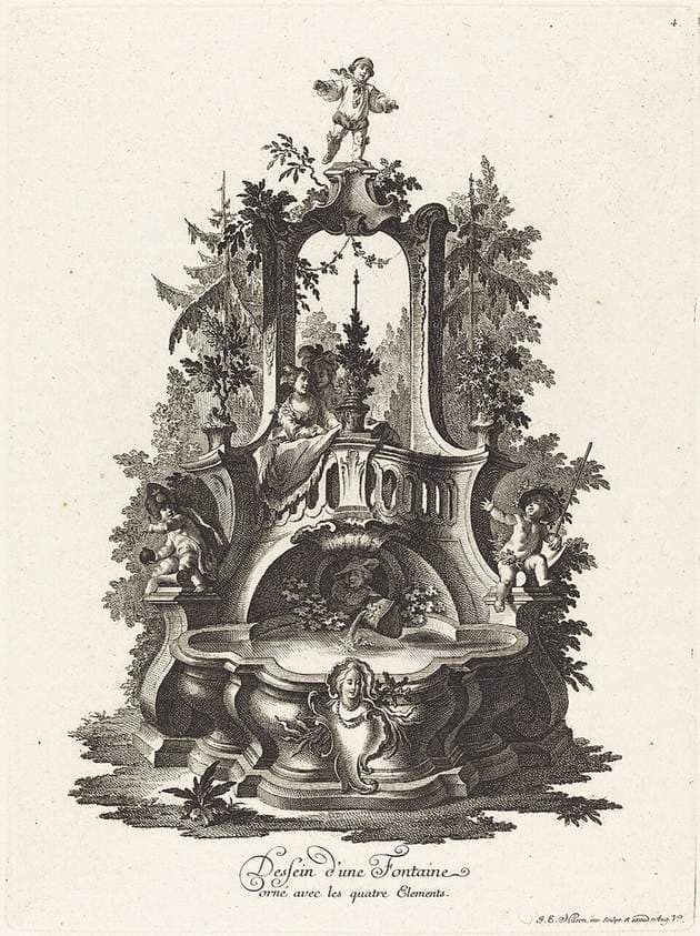 Dessein d'une Fontaine orné avec les quatre Elements (Design for a Fountain Decorated with the Four Elements) — Johann Esaias Nilson