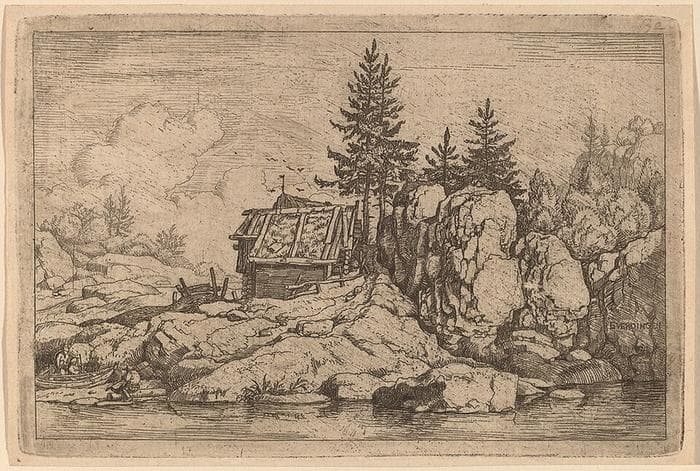 Two Fir Trees near Cottages — Allaert van Everdingen