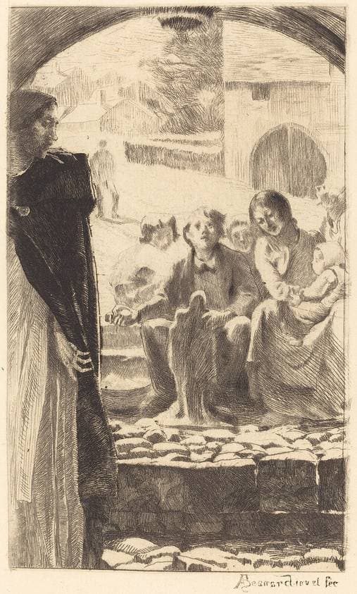 Pierre Copies the Virgin from the Portal of the Church of Marly (Pierre Copie la Vierge du Portail de L'Église de Marly) — Albert Besnard