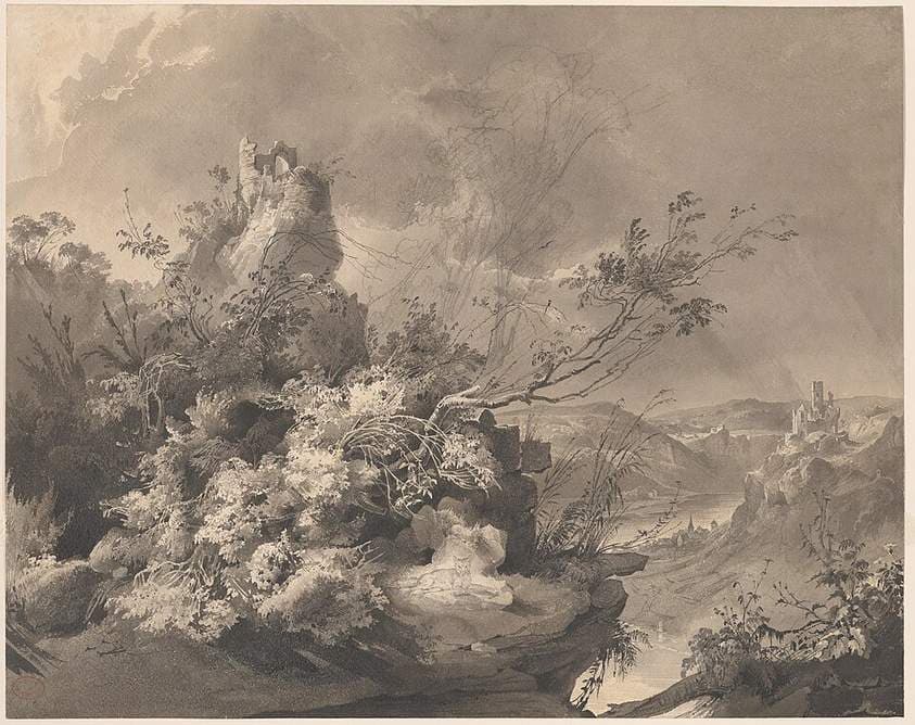 Ruined Towers Overlooking the Rhine — Karl Bodmer