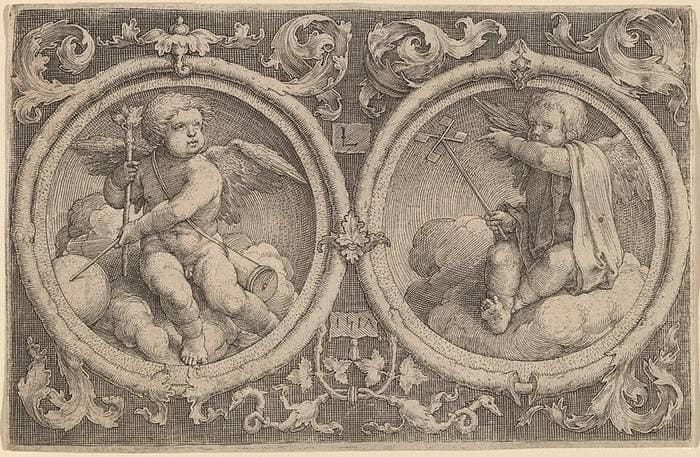 Two Cupids Seated on Clouds in Two Circles — Lucas van Leyden