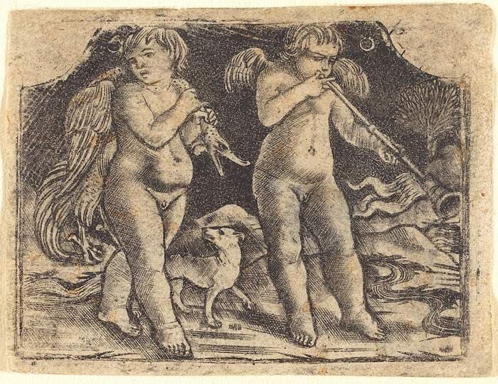 Cupid carrying a fowl accompanied by a dog, and another cupid playing a trumpet — Maso Finiguerra