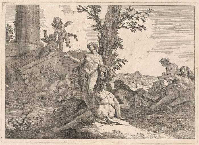Six Nymphs and Two Cupids in a Landscape — Francesco Fontebasso