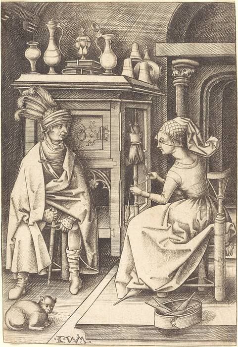The Visit to the Spinner — Israhel van Meckenem