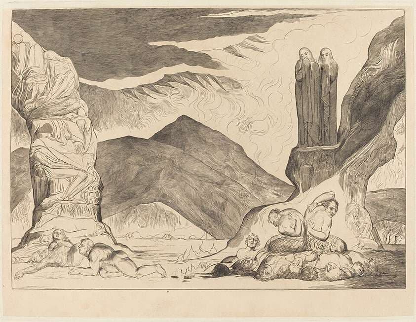 The Circle of the Falsifiers: Dante and Virgil Covering their Noses because of the st — William Blake