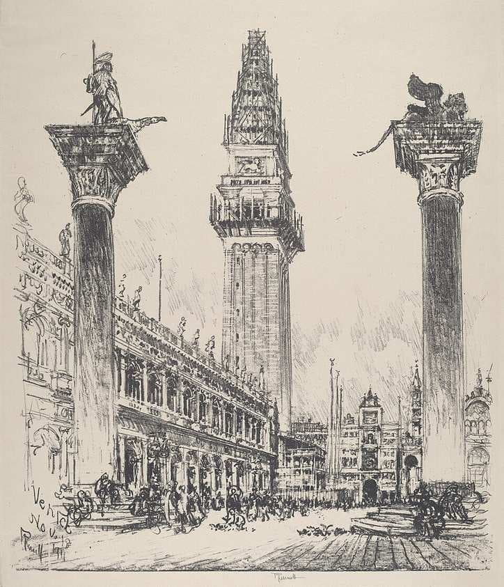 Venice, Rebuilding the Campanile — Joseph Pennell