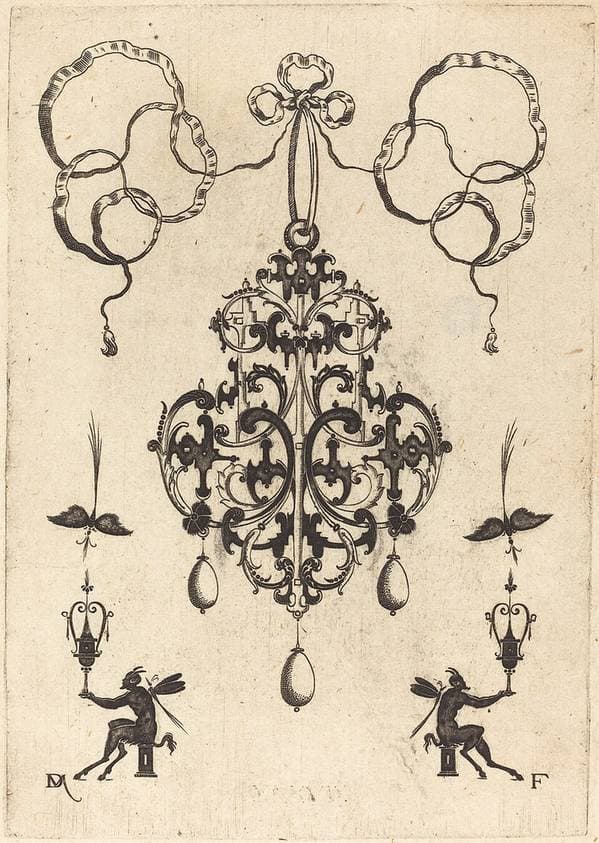 Large Pendant, Lower Left and Right Two Winged "Devils" Sitting on Pedestals — Daniel Mignot