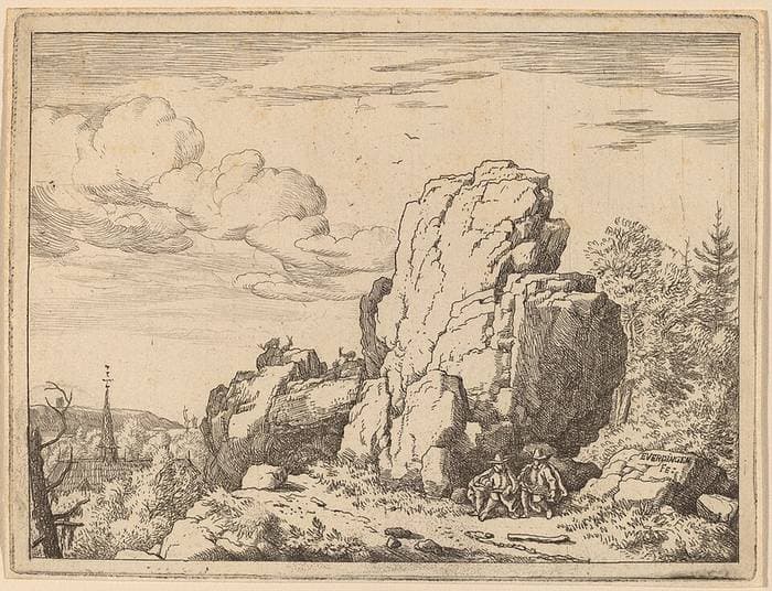 Two Men Seated at the Foot of a High Rock — Allaert van Everdingen