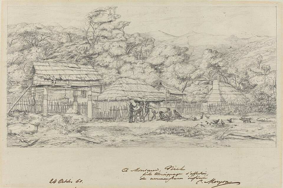 Greniers indigenes et habitations a Akaroa, presqu'Ile de Banks — Charles Meryon