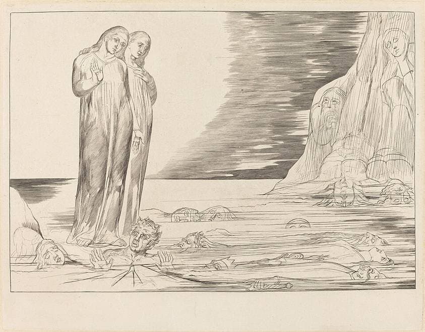 The Circle of the Traitors; Dante's Foot Striking Bocca degli Abbate — William Blake
