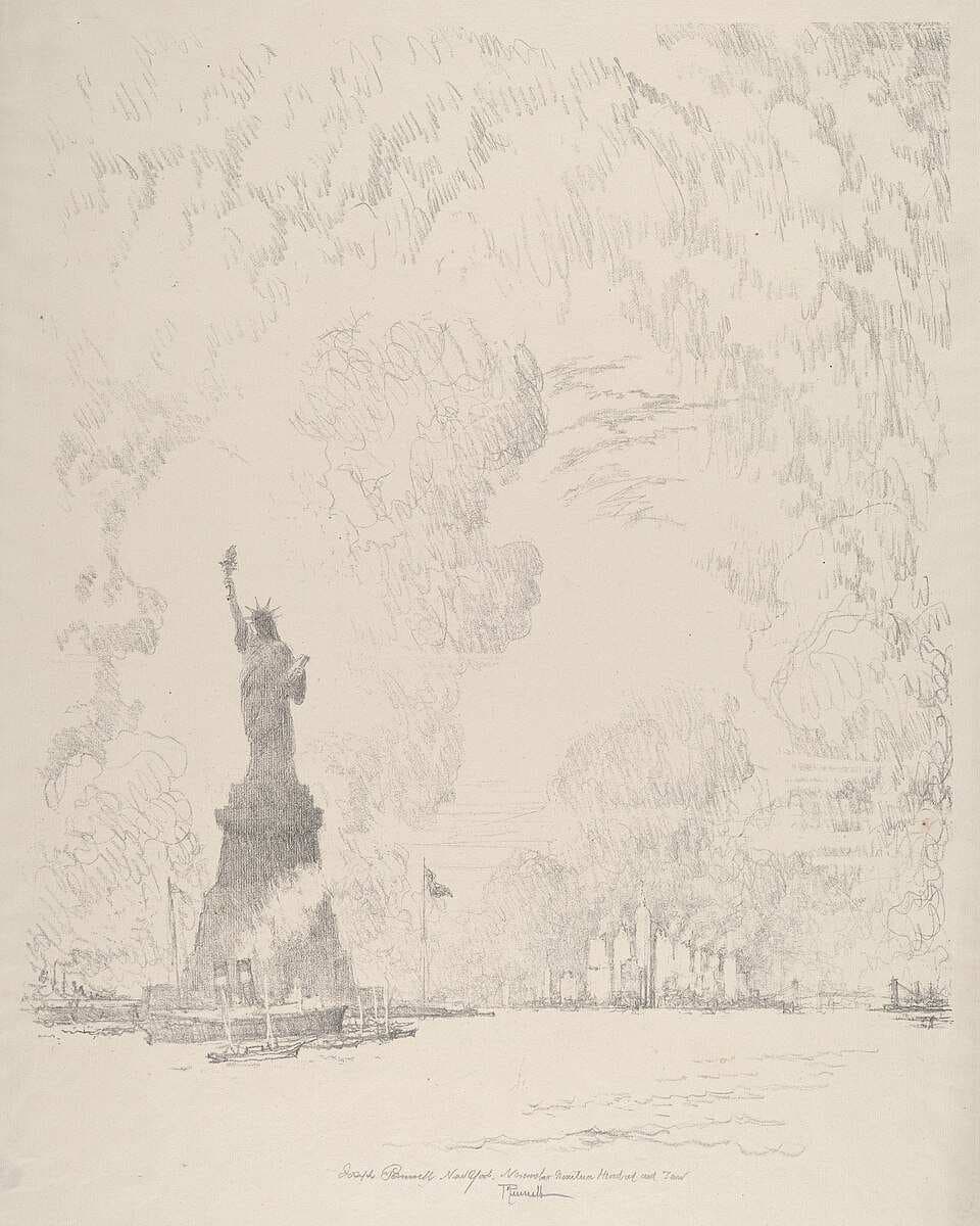 The Statue, New York Bay — Joseph Pennell
