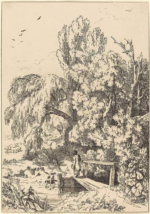 Landscape with Trees, Girl Crossing Footbridge — William Havell