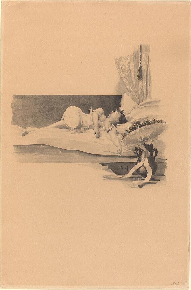 Illustration for "Jestrab Kontra Hrdlicka, XXII" (Girl asleep on a bed) — Karel Vitezslav Masek
