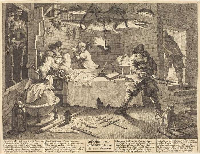 Hudibras beats Sidrophel and his man Whacum — William Hogarth
