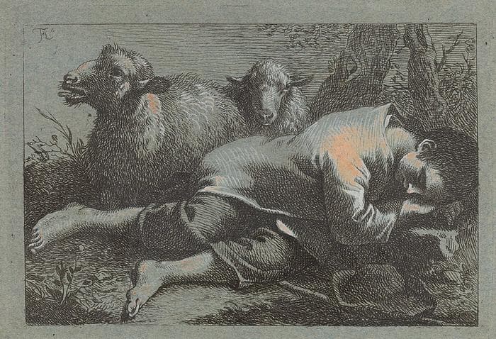 Peasant Boy Asleep near Two Sheep — Francesco Londonio