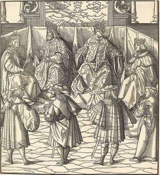 Assembly of Four Kings, in the foreground Four Men — Leonhard Beck